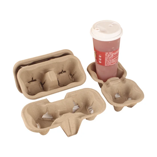 Tee-Pulpe-Faser-Getränke-Tragetablett-Verpackung, tragbare Einweg-Kaffee-Pappbecherhalter-Tabletts mit Griff